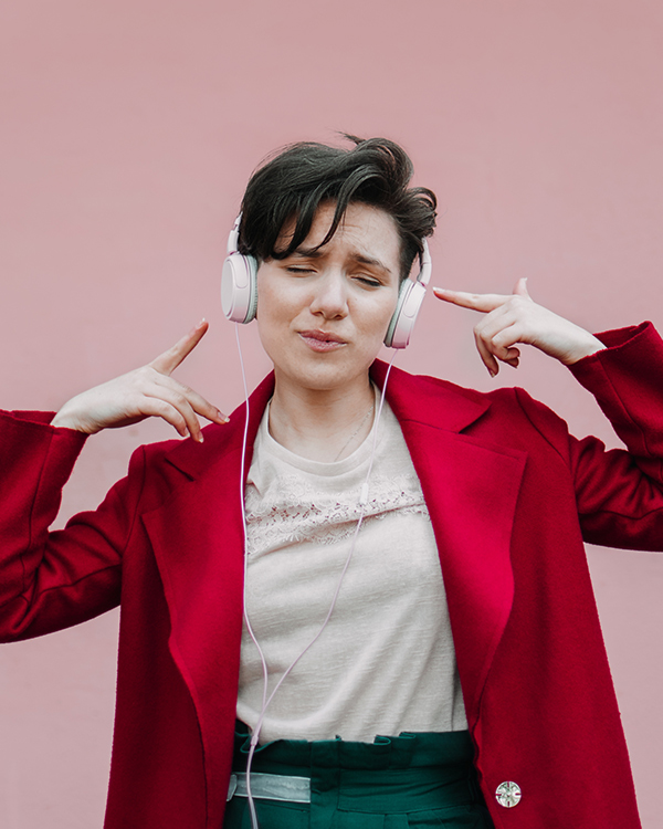 Woman listening to podcast